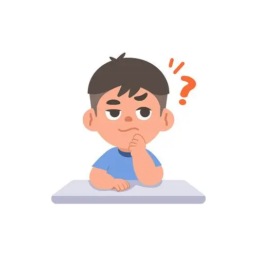 一个亚洲男孩在疑惑或有疑问的书桌上,插图卡通人物矢量设计在白色